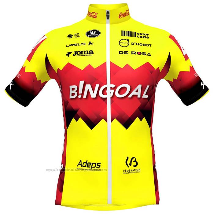 2023 Maillot Cyclisme Bingoal WB Jaune Rouge Manches Courtes et Cuissard